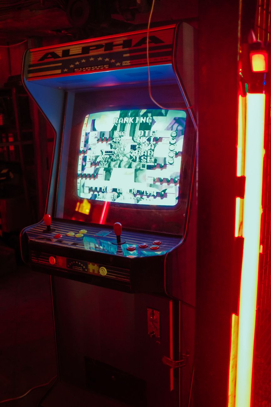 Nostalgic retro cyber gaming club arcade hall